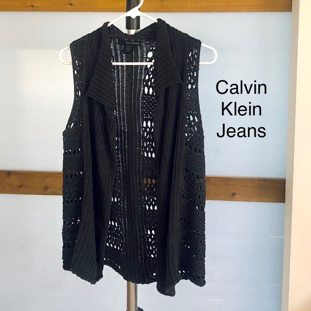 Calvin Klein Jeans Black Open Knit Cotton Crochet Sleeveless Cardigan Vest XS